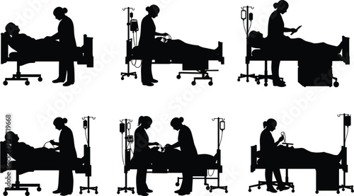 Silhouette illustration of nurse taking care of patient in hospital bed with IV drip, medical treatment, healthcare and hospital concept.