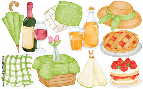 Watercolor picnic with wine juice apple pie strawberry cake umbrella tulips basket tablecloth hat and cozy outdoor tent illustration
