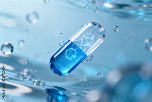 Blue capsule floating in water with molecular structures visible inside