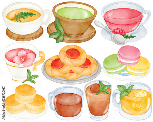 Watercolor tea party illustration with cup of tea herbal drink floral infusion cookie macaron scone dessert and cozy bakery food in pastel color design