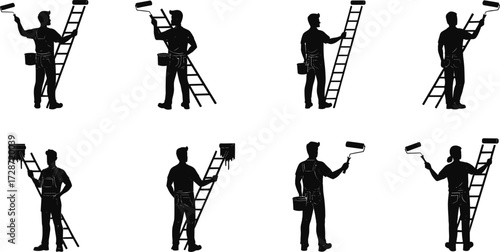 Silhouette illustration of painter holding roller brush and bucket on ladder, house painting worker, wall repair, home renovation decoration scene.