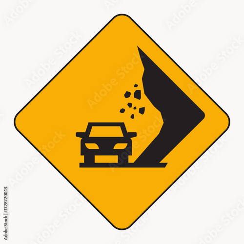 Vector art of a yellow road sign with a black symbol indicating falling rocks or landslides, warning drivers of potential danger road safety and awareness concept