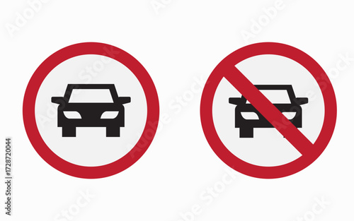 Vector art of two road signs, one indicating vehicles are allowed, and the other indicating vehicles are not allowed traffic laws and regulations concept
