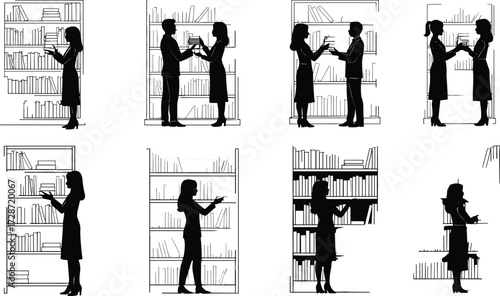 Silhouette illustration of people reading and exchanging books in library, standing near bookshelf, students studying, education and literature concept.