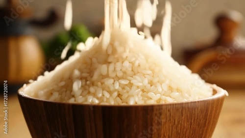 Closeup of a bowl of cooked white rice 4k video