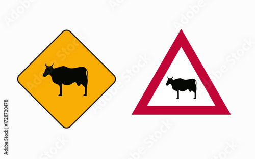 Vector art of cattle crossing road sign two road signs, one yellow diamond and one red triangle, both depicting a cow, warning drivers to be cautious of cattle
