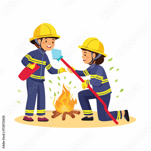 Happy children dressed as firefighters roast marshmallows by a campfire, a playful vector scene flying the flag of youthful ambition