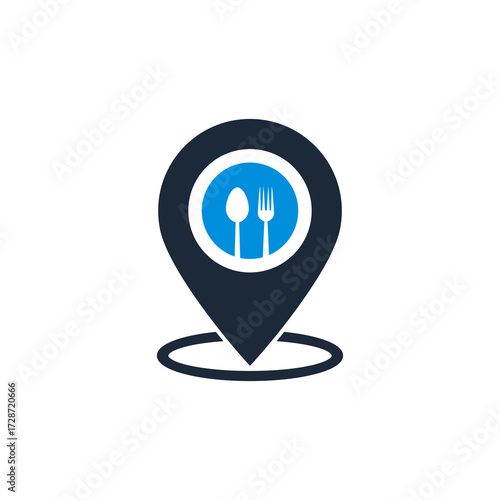 A dark blue map pin icon with a circular blue inner frame containing a silver spoon and fork, symbolizing a restaurant or food location.