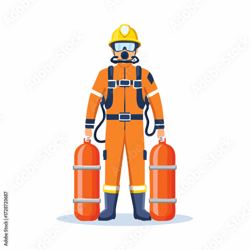 Professional firefighter or rescuer in orange uniform and breathing mask, holding oxygen tanks as a flag of preparedness, flat vector design