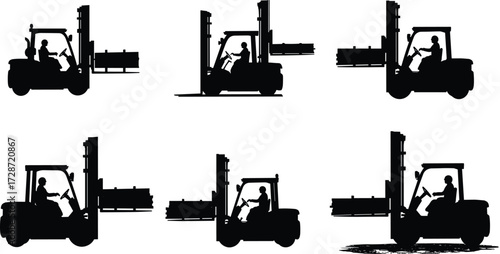 Silhouette vector illustration of forklift operator driving industrial vehicle, loading pallets, warehouse equipment, heavy lifting, cargo transport, logistics work.