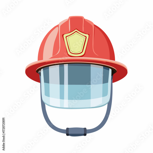 Vector illustration of a red firefighter helmet with a shield, safety, and protection concept