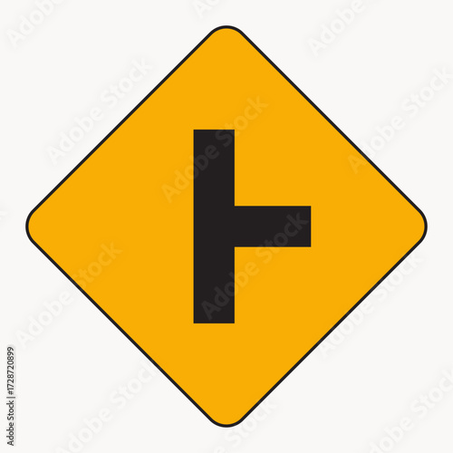 Vector art of a yellow square warning sign with a black junction symbol, indicating a side road ahead, alerting drivers to merging traffic
