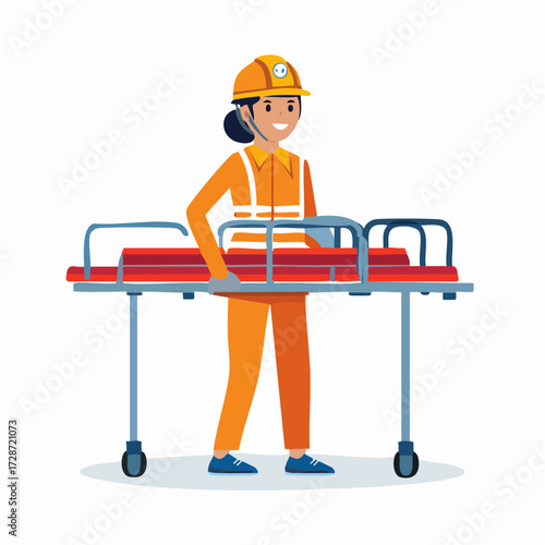 Vector illustration of a female emergency responder carrying a stretcher – flag for health, rescue, and aid