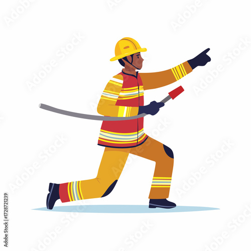 Vector illustration of a firefighter in action, pointing, holding a hose, wearing protective gear, and flag-like design elements