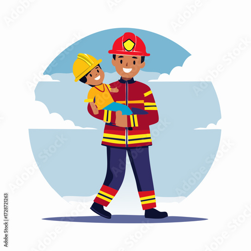 Firefighter Hero Vector Illustration of a Brave Firefighter Rescuing a Child and a Vector Flag