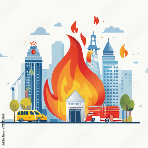 Urban Fire Emergency Rescue Flag vector illustration, highlighting fire trucks, emergency services, and city buildings under a blazing inferno in a stylized flat design