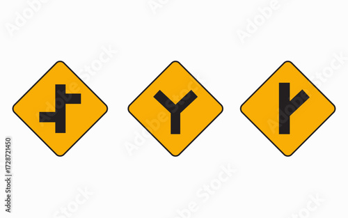 Vector art of set of yellow road signs warning of various intersections ahead, alerting drivers to potential hazards and guiding them for safe navigation