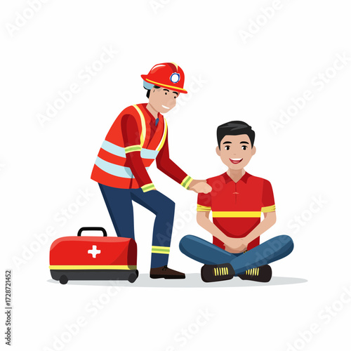 Professional rescue worker and his trained canine partner with a marker flag, vector illustration for emergency services