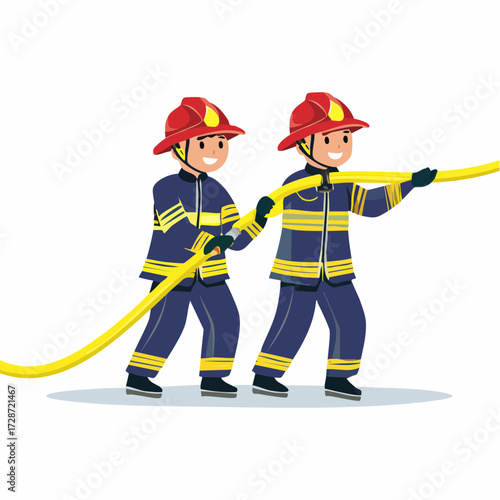 Vector illustration of two smiling cartoon firefighters with a water hose, a flag, on a white background