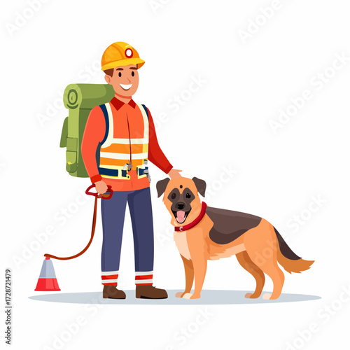 Rescue worker and search dog vector illustration, with orange vest and helmet, flag concept