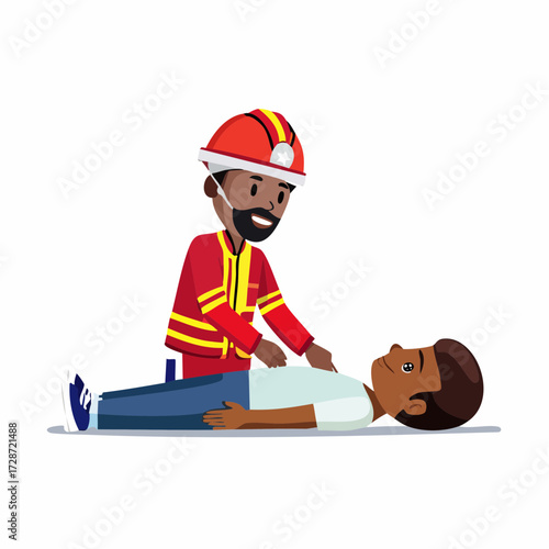 A professional firefighter performing cardiopulmonary resuscitation on an unconscious person, a life-saving vector graphic that is a flag for safety awareness