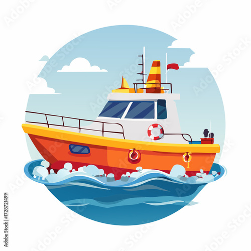 Stylish Vector Illustration of a Yellow and White Motor Boat with a Flag Sailing on Wavy Waters