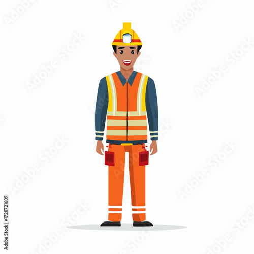 Construction worker flag vector illustration depicting a smiling professional in safety gear, ready for work
