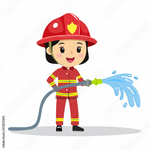Firefighter Vector Illustration with Water Hose, Flag for Design