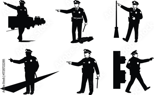 Silhouette vector illustration of traffic police officer pointing and directing vehicles, law enforcement authority, road safety control, urban transportation guidance, patrol.