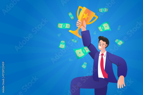 A confident manager or entrepreneur celebrates his achievement. This image of a winner with a trophy and cash is perfect for illustrating sales targets, business goals, and professional success.
