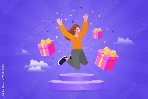 The pure excitement of celebration is shown with a woman jumping for joy. With gift boxes and confetti, this vector is ideal for birthdays, anniversaries, or celebrating any special occasion.