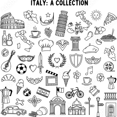 Detailed vector outline collection of Italian culture icons: famous landmarks, traditional food, travel symbols, and cultural elements in black and white.