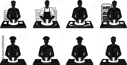 Vector illustration of bakers kneading dough on tables in professional kitchen with oven background, traditional bread making process artwork design.