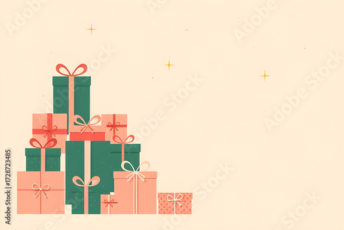 Colorful Stacked Gifts with Festive Bows and Stars