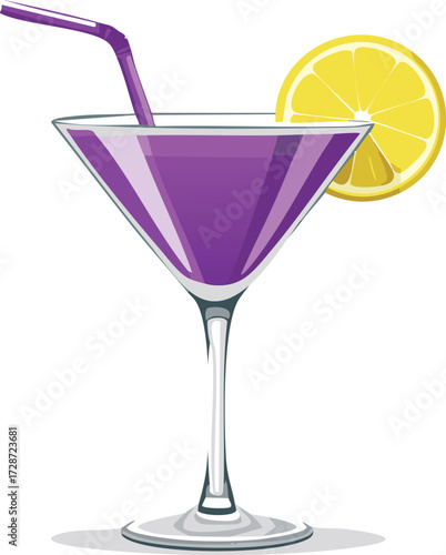 Purple cocktail with lemon slice and straw purple drink martini glass