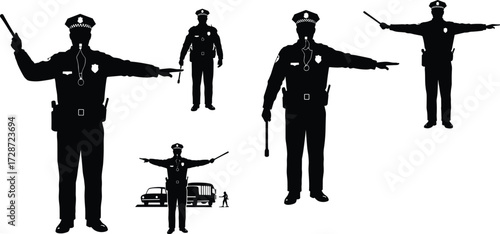 Silhouette vector illustration of traffic police officer directing vehicles and pedestrians, law enforcement safety, road control, urban street management, authority guidance.
