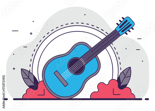 Blue acoustic guitar with purple accents and decorative elements musical instrument strings