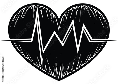 Black heart shape with white electrocardiogram line pulse heartbeat