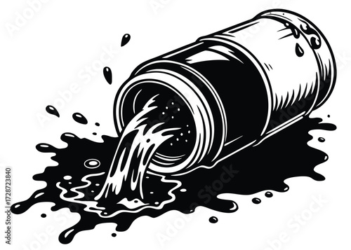 Black liquid spilling from tipped barrel pouring