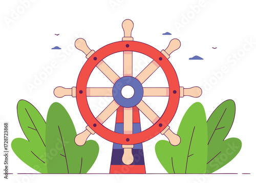 Ship wheel with nautical elements and foliage maritime steering wheel