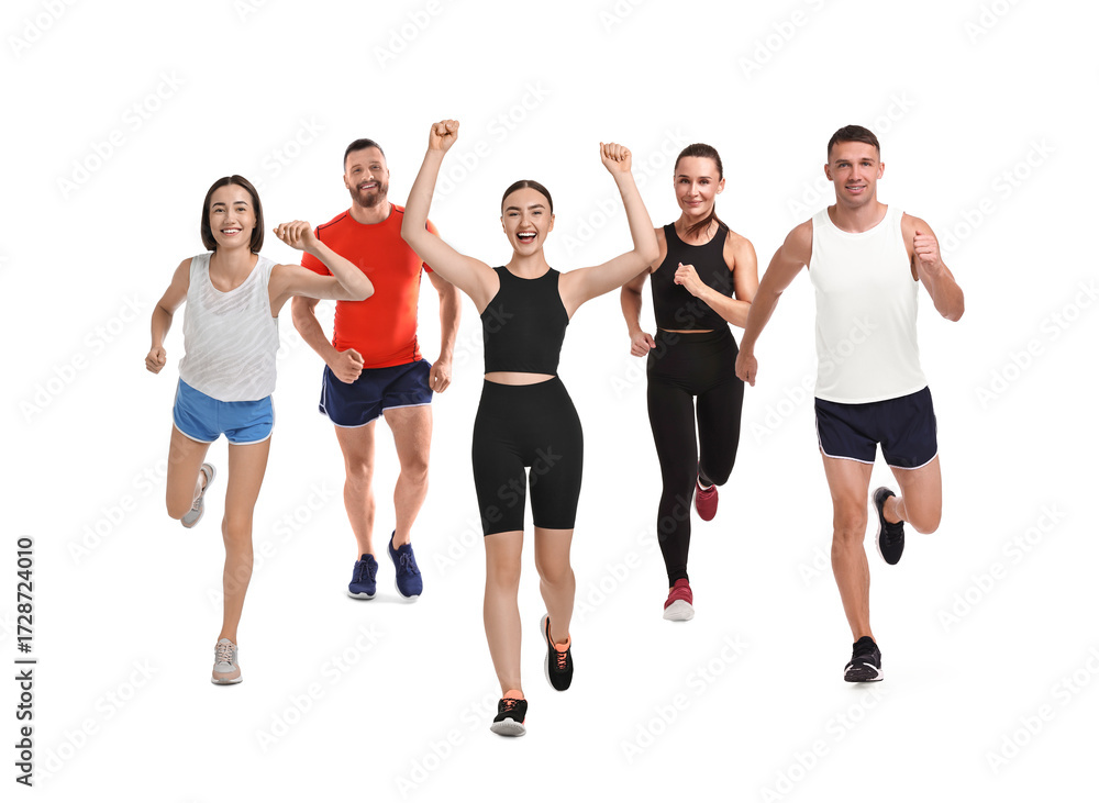 Obraz premium Sporty men and women running on white background