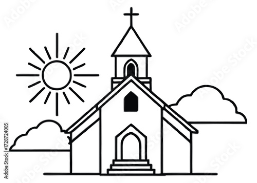 Simple church building with sun and clouds religious structure