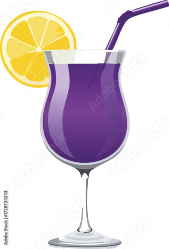 Purple cocktail with lemon slice and straw purple drink glass