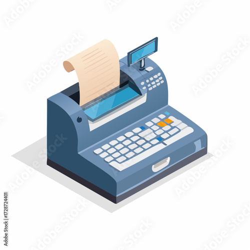 Isometric illustration of a blue cash register with a paper receipt and display screen, featuring a keyboard with white and orange keys.