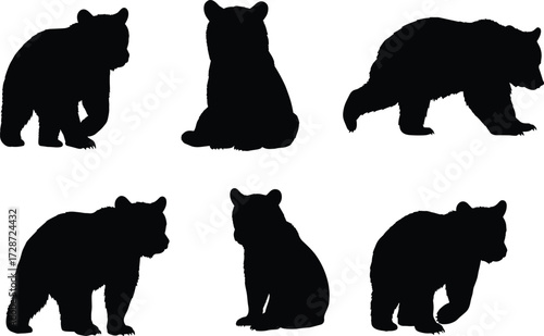 Bear cub silhouette collection, wild animal vector illustration, forest wildlife artwork, black bear outline, walking standing sitting cub graphic design