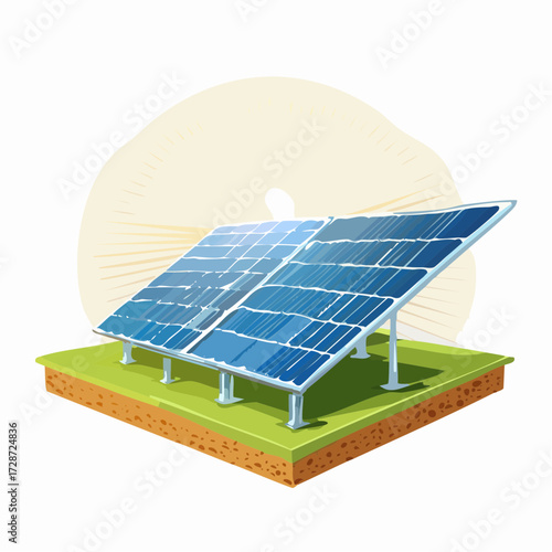 Illustration of two solar panels on a patch of grass absorbing sunlight for renewable energy.