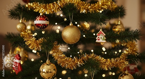 Decorated christmas tree closeup