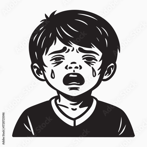 Smiling cartoon boy's face vector illustration drawing with black hair, eyes, and comic expression