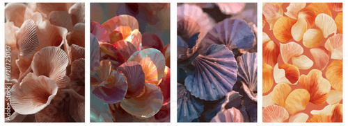 Vector pattern set of abstract shells in faded coral tones background