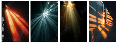 Vector pattern set of abstract sunshine beams with minimal glow background